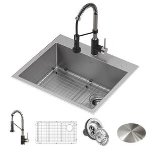 Loften All-in-One Dual Mount Stainless Steel 25in. Single Bowl Kitchen Sink with Pull Down Faucet in Black and Steel