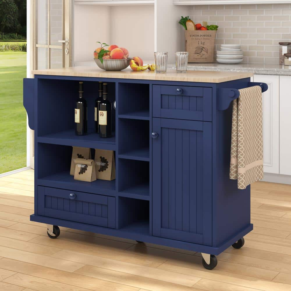 FAMYYT Blue Rolling Rubber Wood Desktop 51 in. Kitchen Island with Microwave Cabinet