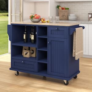 Blue Rolling Rubber Wood Desktop 51 in. Kitchen Island with Microwave Cabinet