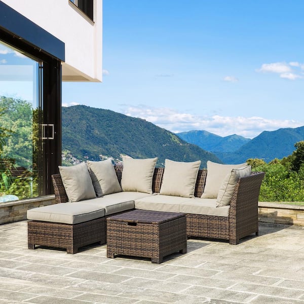 Glitzhome 6-Piece Outdoor All-Weather Wicker Sectional Patio Conversation Set with Brown Cushions