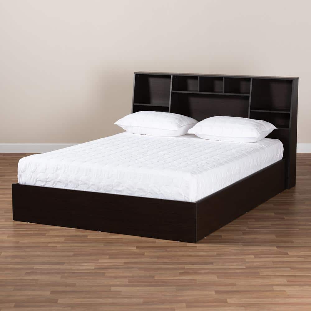 Ergonomic Queen Geoffrey Dark Brown Wood Storage Bed with Bookcase Headboard