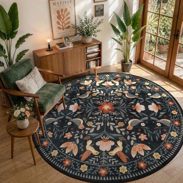Goldene Boho 6 ft. x 6 ft. Black Botanical Floral Washable Round Rug