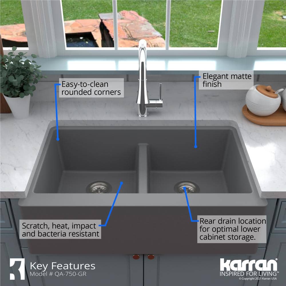 Gray Quartz Farmhouse Double Bowl Kitchen Sink, 34"