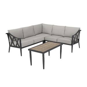 Harmony Hill 3-Piece Black Steel Outdoor Patio Sectional Sofa with CushionGuard Stone Gray Cushions