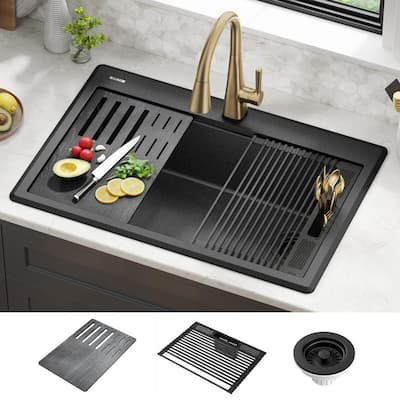 Everest Black Granite Composite 33 in. Single Bowl Drop-In Kitchen Sink with Accessories