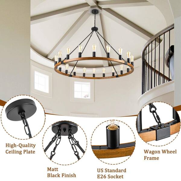 Shinevoy 20-Light Black Wood Base Wagon Wheel Chandelier for