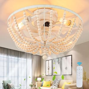 19.69 in. Modern Farmhouse Boho Ceiling Fan with 4-Light, Wooden Beads Ceiling Fan with Light Kit and Remote