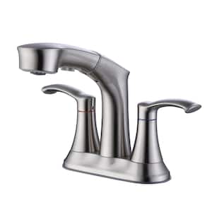 4 in. Centerset Double Handle Low Arc Bathroom Faucet with Pull Out Multi Functional Sprayer in Brushed Nickel