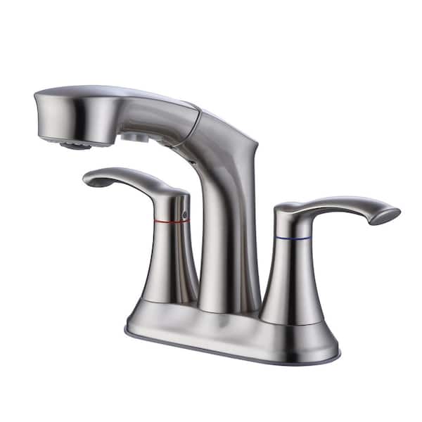 Lukvuzo 4 in. Centerset Double Handle Low Arc Bathroom Faucet with Pull Out Multi Functional Sprayer in Brushed Nickel