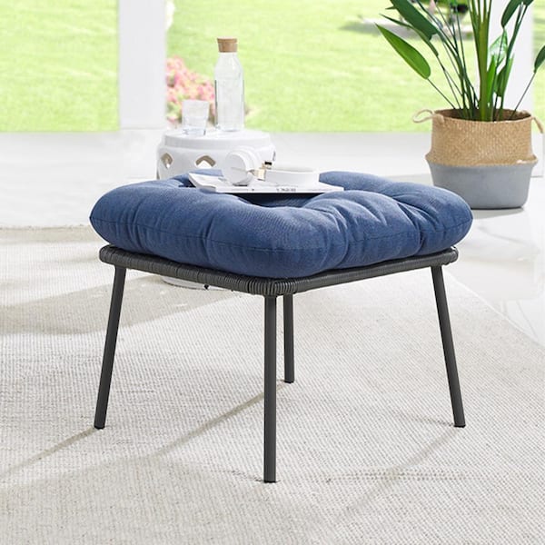 Gray Wicker Outdoor Egg Chair Ottoman Steel Frame Footstool with Removable Blue Cushions