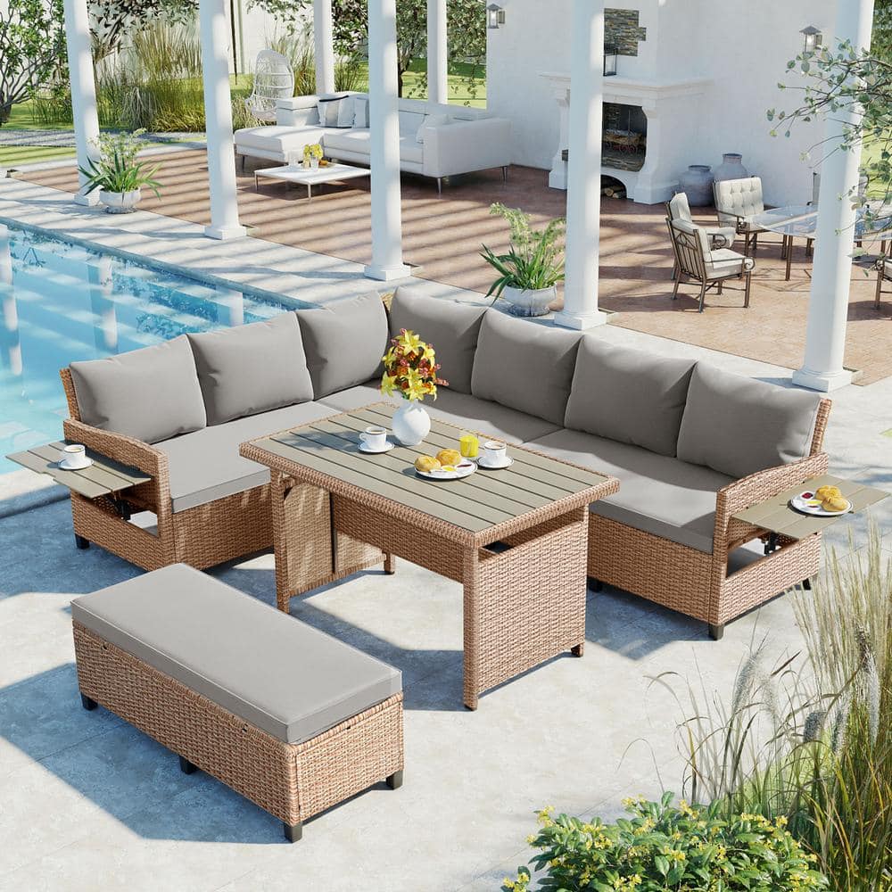 5-Piece Wicker Outdoor Patio L-Shaped Sectional Sofa Set with Dining Table and Brown Cushions