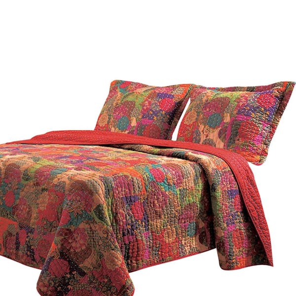 Benjara 3-Piece Multicolor Solid King Size Microfiber Quilt Set