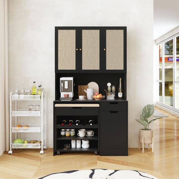 anpport Retro Black Wood 39.37 in. Pantry Cabinet with Kitchen Cart and Adjustabke Shelves