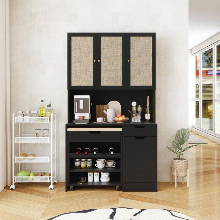 anpport Retro Black Wood 39.37 in. Pantry Cabinet with Kitchen Cart and Adjustabke Shelves