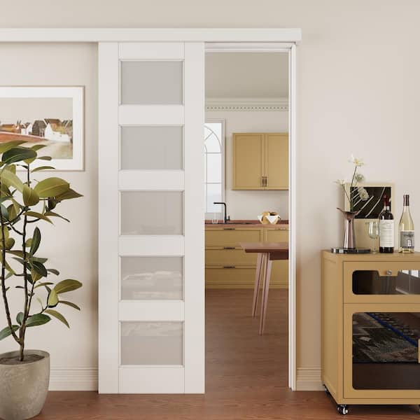 EH PUERTA 24 in. x 96 in. Hidden Track Style 5-Lite Frosted Glass White Primed MDF Sliding Barn Door with Hardware Kit