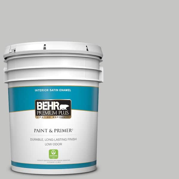 BEHR PREMIUM PLUS 5 gal. #N520-2 Silver Bullet Satin Enamel Low Odor  Interior Paint & Primer 705005 - The Home Depot
