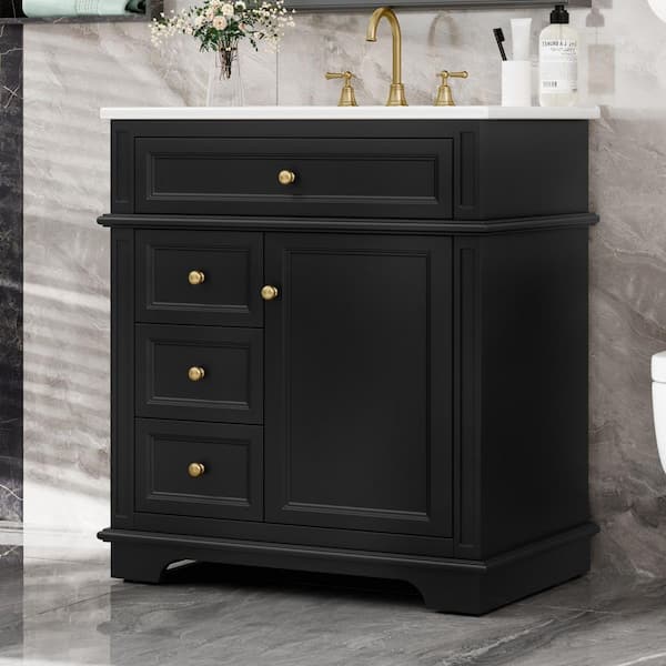 30 in. Freestanding Black Bath Vanity with White Ceramic Top Sink and Three Drawers
