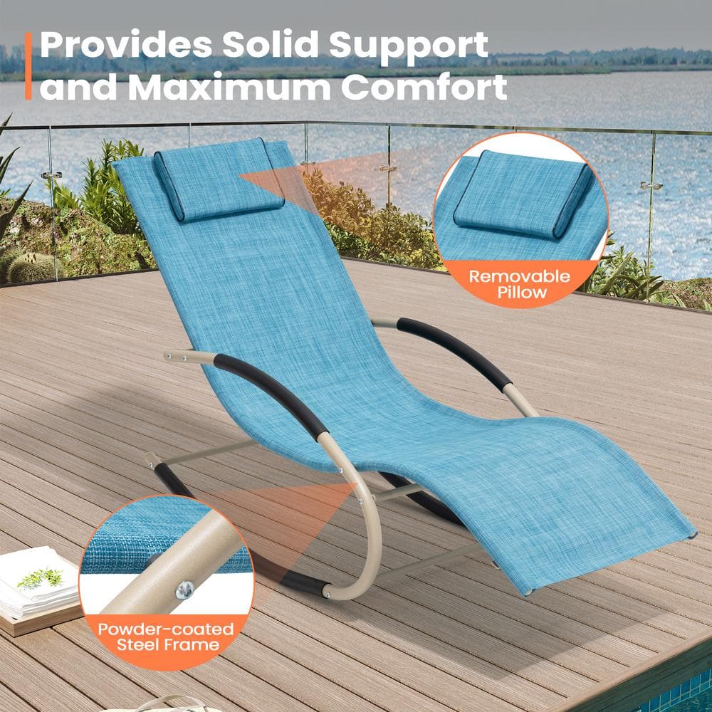 Champagne Beige Steel Frame Blue Rocking Chair with Cushions