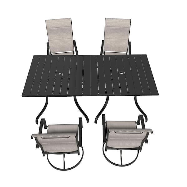 Mondawe 6-Piece Steel Textiliene Swivel Chair Square Table 28.5 in. H Patio Dining Set with Umbrella Hole