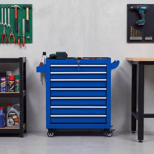 Boyel Living Blue 28.5 in. 7-Drawer Tool Storage Cabinet on Wheels
