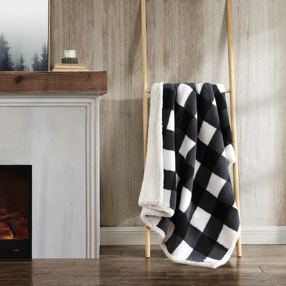 Black and White Plaid Reversible Sherpa Fleece Throw Blanket
