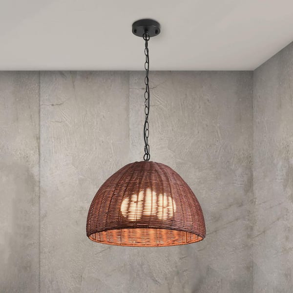 Boho 60-Watt 3-Light Black Farmhouse Bowl Pendant Light with Brownish Red Rattan Shade