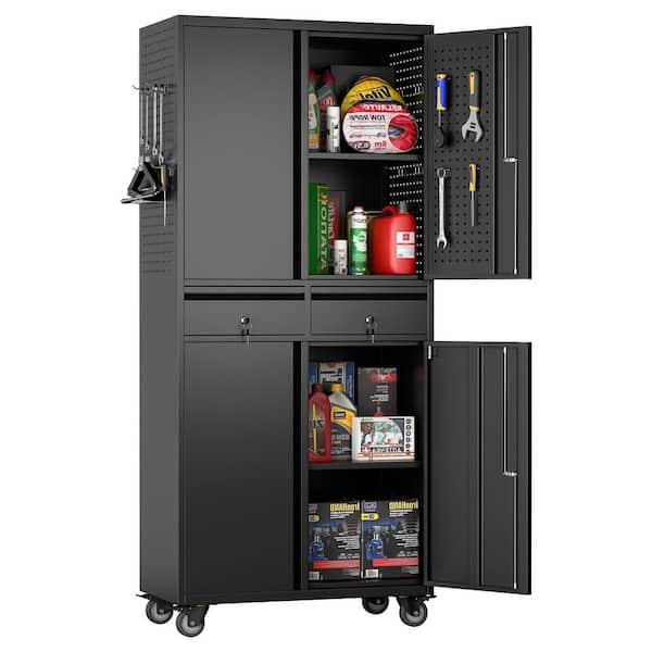 30 in. W x 71 in. H x 15 in. D Rolling Metal Freestanding Storage Cabinet with 2-Drawers, Hooks, Pegboard in Black