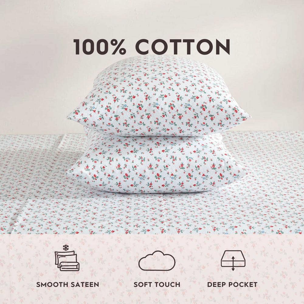 Twin White Floral Cotton Percale Sheet Set
