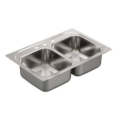 1800 Series Drop-In Stainless Steel 33 in. 3-Hole Double Basin Kitchen Sink Featuring QuickMount Hardware