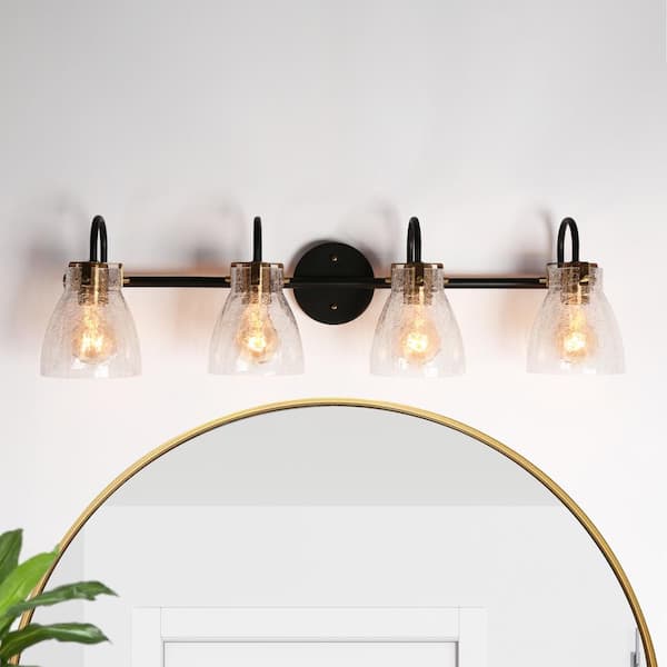 LNC DAWN 30.7 in. 4-Light Modern Matte Black Vanity Light with Crackle Textured Glass Shades