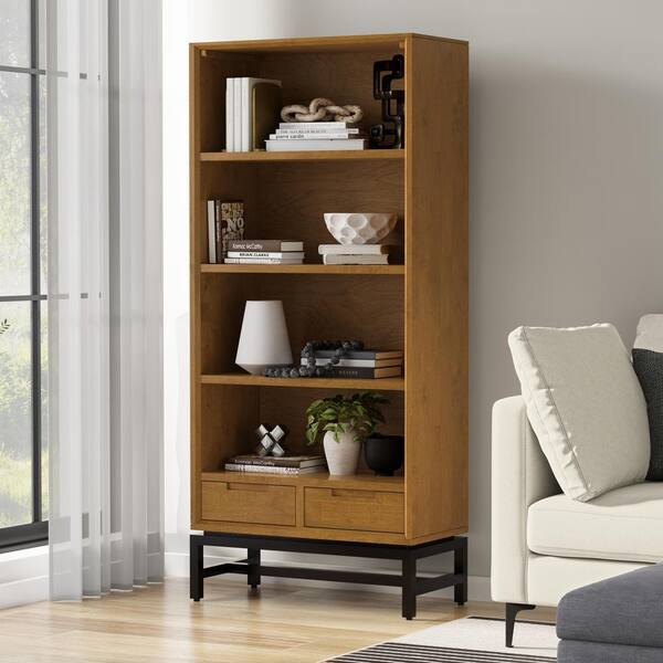 Simpli Home Banting 66 in. Tall Medium Saddle Brown Solid Hardwood 4 Shelf Mid Century Bookcase AXCBAN 12 MSB