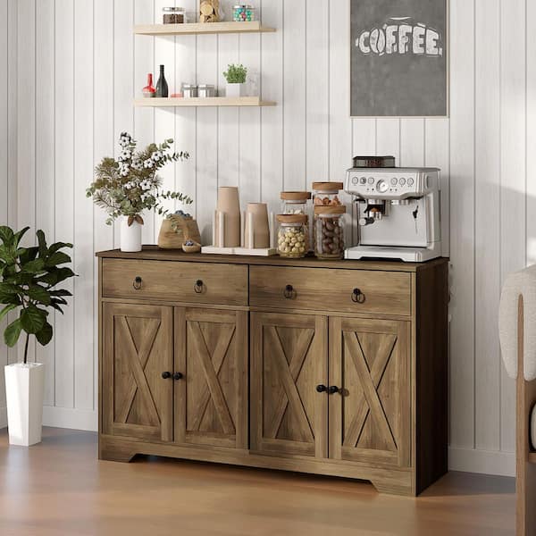 Sideboard Buffet Cabinet, Light Brown Particle Board 47.6 in. Sideboard with Adjustable Shelves, Drawers