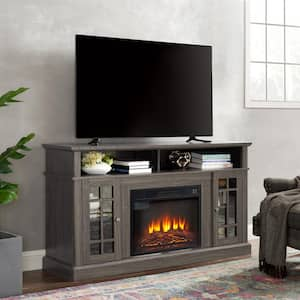 60 in. W TV Media Stand Modern Entertainment Console with 23 in. Embedded Electric Fireplace Insert in Dark Walnut Color