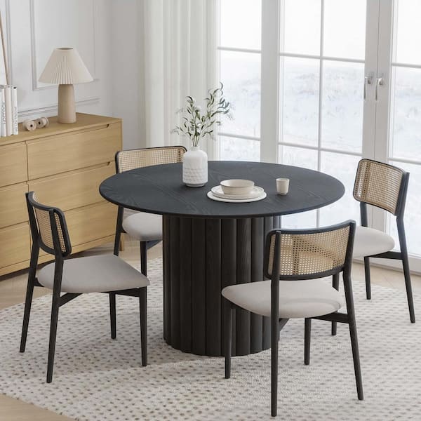 Dovelina 46 in. Oak Wood Black Column Pedestal Round Kitchen Table Dining Table Seats 4
