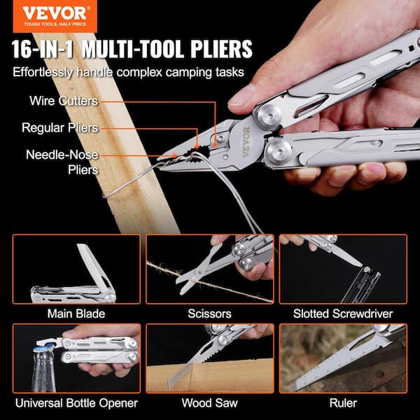 VEVOR 16-in-1 Multitool Pliers, Multi Tool Pliers, Cutters, Knife, Scissors, Ruler, Screwdrivers, Wood Saw, Can Bottle Opener, with Safety Locking