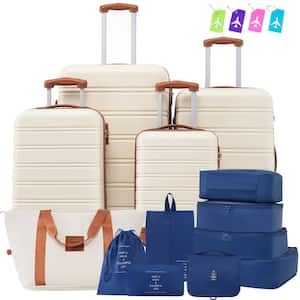 5-Piece Brown and White Expandable ABS Hardshell Spinner 16 in. 20 in. 24 in. 28 in. Luggage Set Travel Bag, TSA 8 Bags