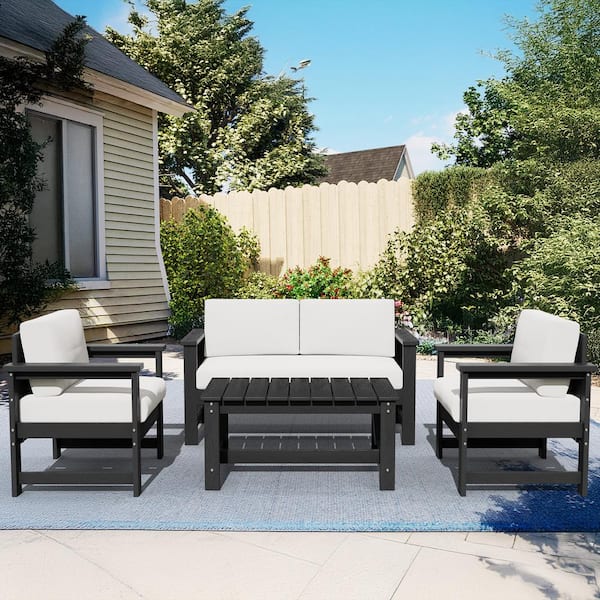 JEAREY Grey 4-Piece HDPE Plastic Patio Conversation Set with Beige Cushions