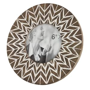 5 in. x 5 in. Round White and Natural Carved Wood Picture Frame with Chevron Pattern