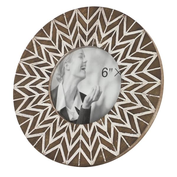 5 in. x 5 in. Round White and Natural Carved Wood Picture Frame with Chevron Pattern