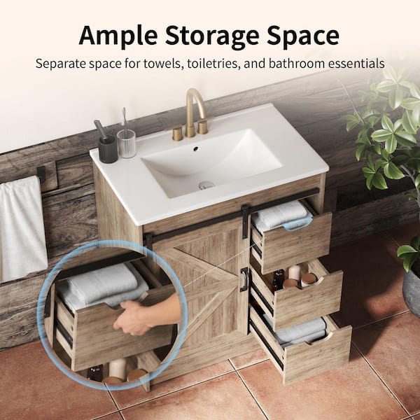30 in. Single Sink Freestanding Antique Oak Bath Vanity with White Ceramic Top and Sliding Barn Door Unassembled