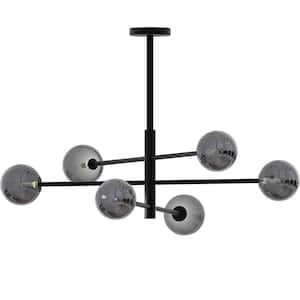 6-Light Black Dimmable Adjustable Height Chandelier Light Fixture with 6-Smoked Glass Globe Shades