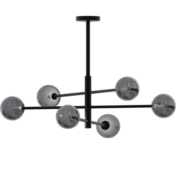 AMBIATE 6-Light Black Dimmable Adjustable Height Chandelier Light Fixture with 6-Smoked Glass Globe Shades