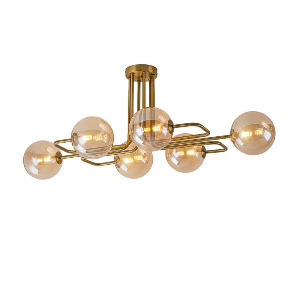 Dalton 37 in. 6-Light Sputnik Modern Brushed Brass Amber Glass Globe Semi-Flush Mount Light for Dining Room price history on PriceWatchPro