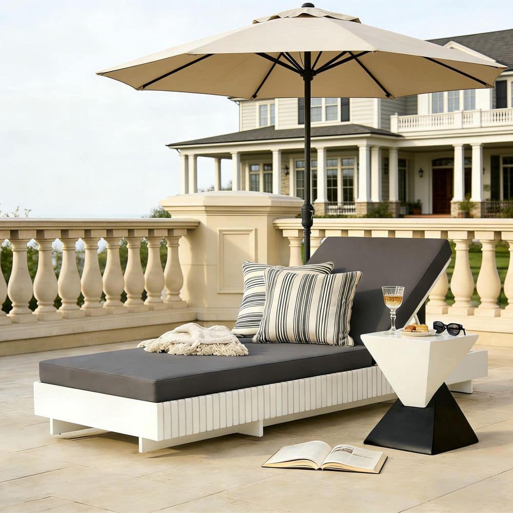 White Solid Acacia Wood Outdoor Chaise Lounge with 6-Position Adjustable Backrest and Double Fold Dark Gray Cushion