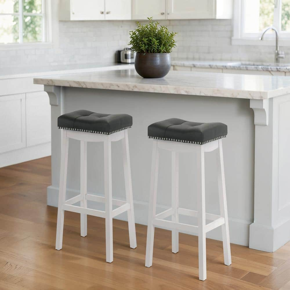 LuXeo Barstow 29 in. White Bar Stools with Dark Gray Faux Leather Cushion Set of 2 LUE 29WH PGRY2 The Home Depot