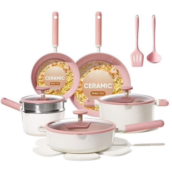 15-Piece Nonstick Aluminum Cookware Set in Pink, Non Toxic Cookware, Pan and Pot with Kitchen Utensils, Easy to Clean