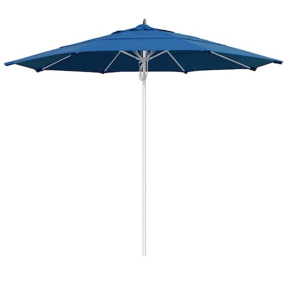 California Umbrella 11 ft. Silver Aluminum Commercial Fiberglass Ribs Market Patio Umbrella and Pulley Lift in Regatta Sunbrella