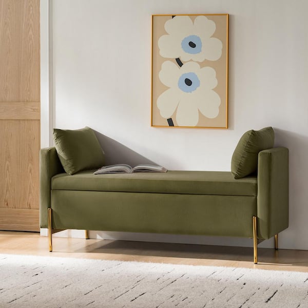 Claudius Modern 56 in. Moss Upholstered Flip Top Storage Bench with Arms and Adjustable Storage Space