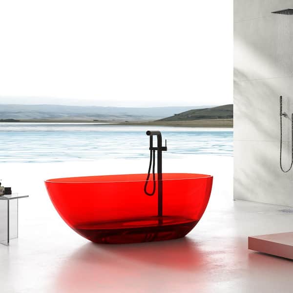 Vanity Art 67 in. x 34 in. Freestanding Oval Soaking Stone Resin Bathtub in Pure Resin Red with Polished Chrome Pop Up Drain