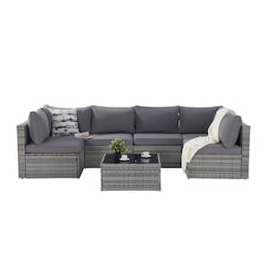 7-Pieces Patio Conversation Wicker Rattan Outdoor Furniture Sofa Sectional with Gray Cushions